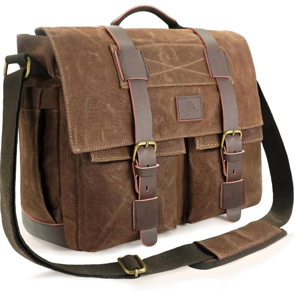 Messenger Bag for Men, 14-Inch Waterproof Laptop Bag, Waxed Canvas Satchel Bag f